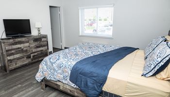 a bedroom with a bed and a television